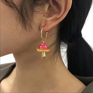Pink Yellow & Gold Mushroom Hoop Earrings 🍄